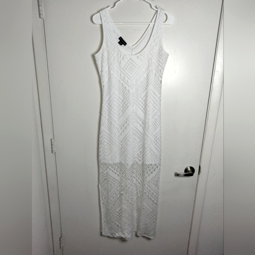Metaphor (Sz M) White Stretch V-Neck Sleeveless Semi-Sheer Midi/Maxi Slit Dress